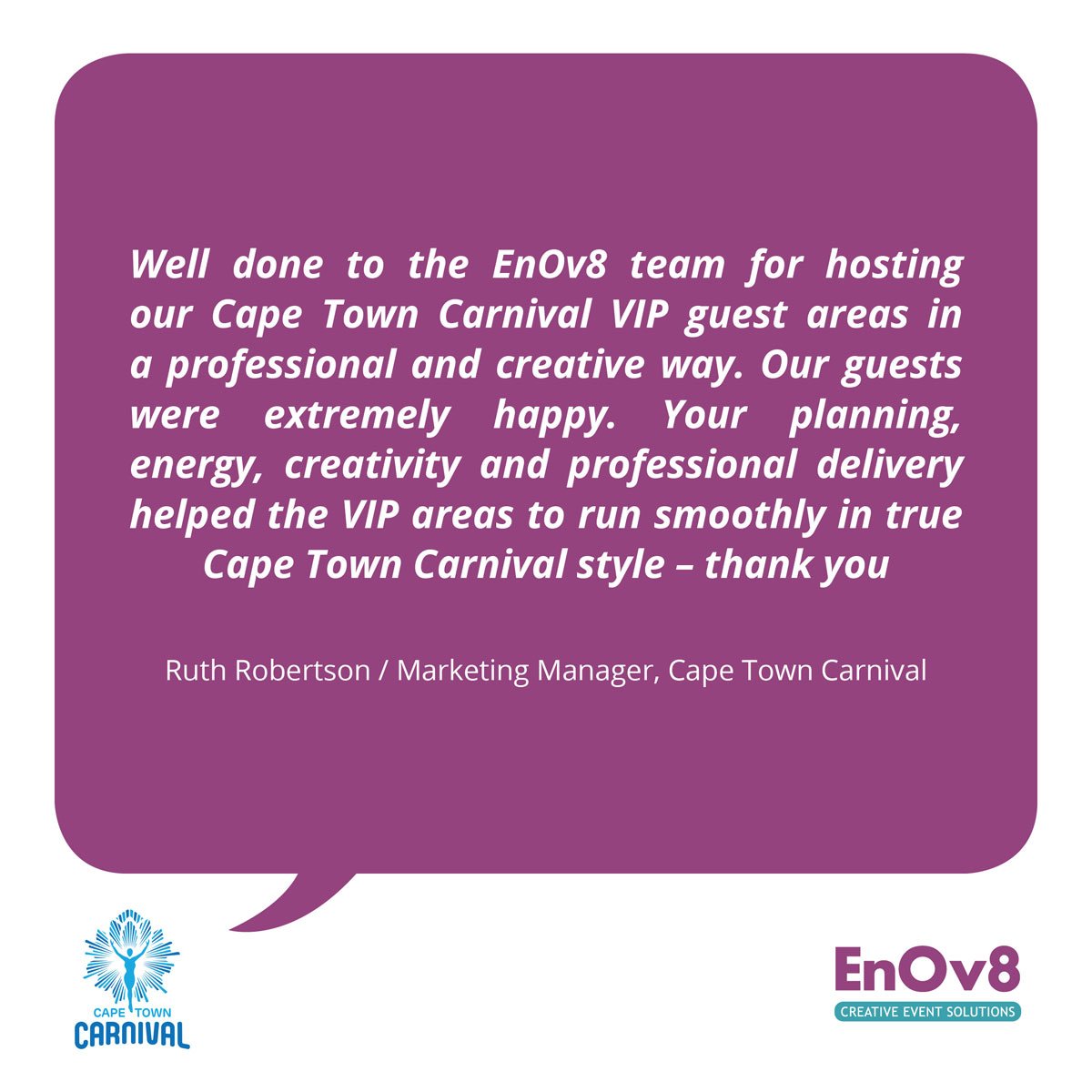 enov8coza's tweet photo. Make sure your event #VIP management is smooth sailing and get a valuable return on your investment by using our #VIPManagement service. Here’s what Ruth Robertson, Marketing Manager at @CTCarnival said about our services.
#ROI #eventplanning #entertainment #hospitality https://t.co/9HFJ7Bw1pa