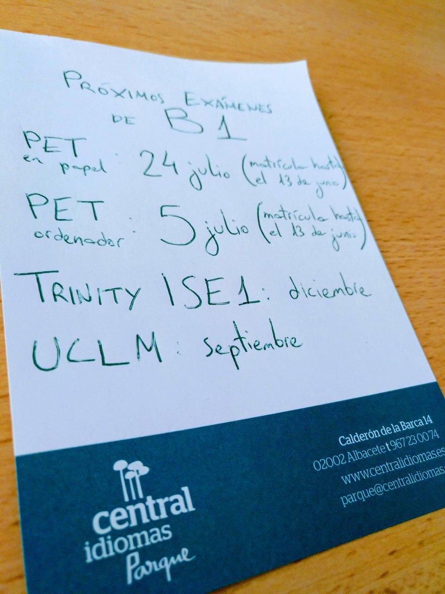 centralidparque's tweet photo. ¿Detrás del #B1 en #inglés este #verano ? Aquí tienes algunas fechas interesantes para examinarte en #Albacete .Tenemos material para #PET de @CambridgeEngSP 🏫 @TCLSpain #ISE1 de #TrinityISE y del Centro de Lenguas de la @uclm_es en #ingles 🇬🇧 https://t.co/hrJVLCC7Nj