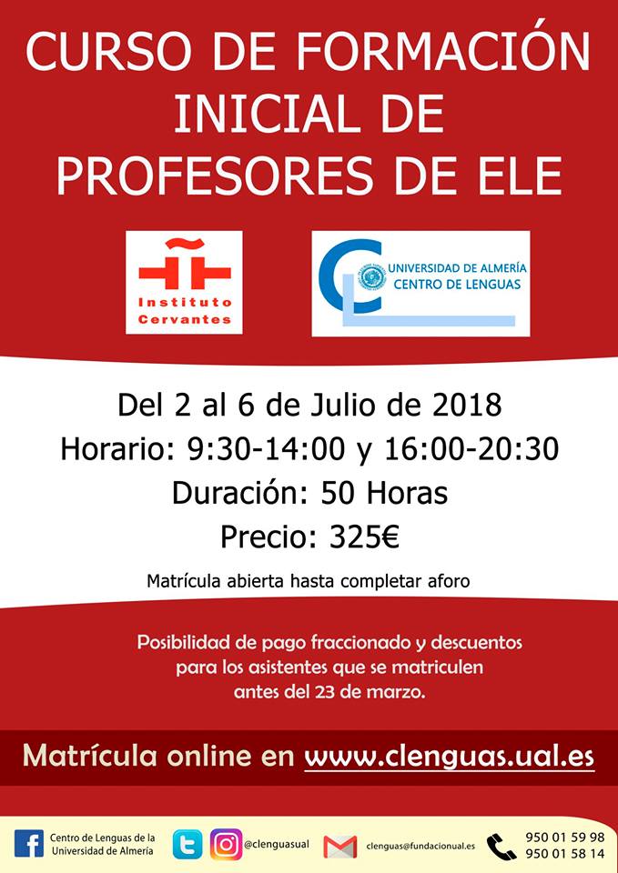 !Aún quedan plazas disponibles! ¿Quieres impartir clases de español en el extranjero? !NO TE QUEDES SIN PLAZA! Universidad de Almería Aula Magna El Periódico Universitario
Matrícula aquí: 
bit.ly/2K4RBXv
+info: bit.ly/2prBoUe