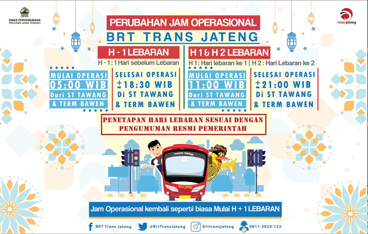 INFOBRTTRANSJATENG 
Prbhan jm ops <a href="/brttransjateng/">Trans jateng</a> menjelang lebaran, hari lebaran, dan hari  kedua lebaran | penetapan hari lebaran sesuai dg pengumuman resmi pemerintah | Jam ops kmbli spti biasa mulai hari ketiga lebaran. Terima kasih 🙏
<a href="/humasjateng/">Humas Jateng</a> <a href="/perhubunganjtg/">Perhubungan Jateng</a> #infobrt
