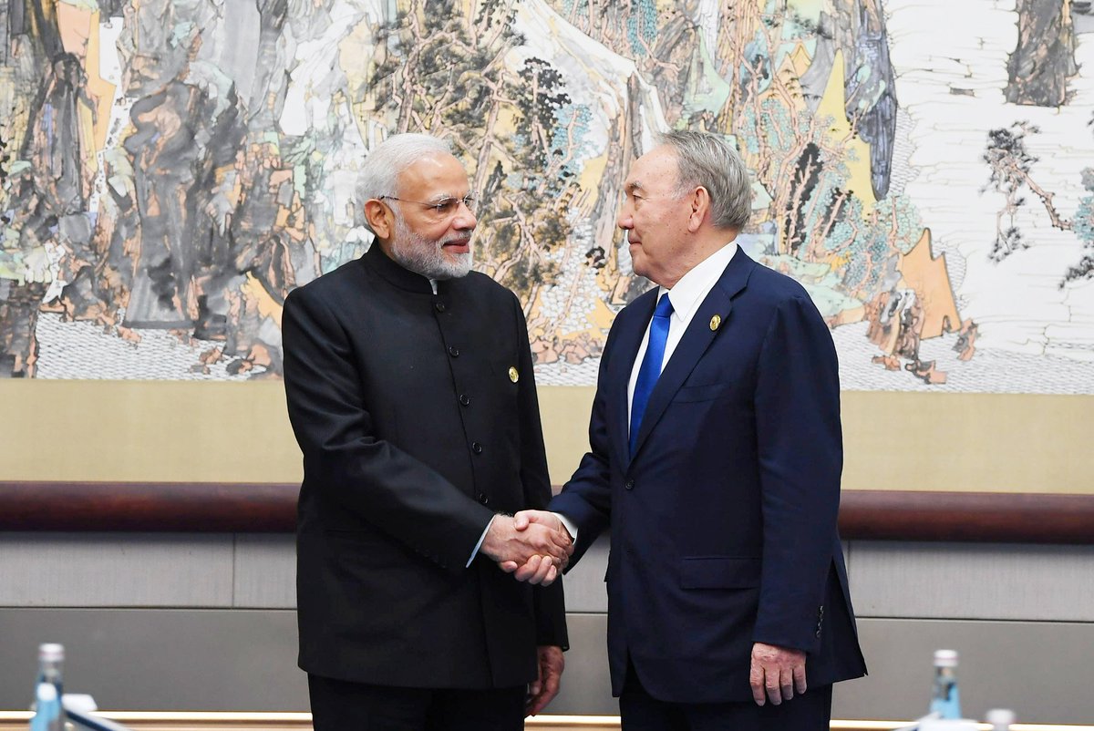 indembastana's tweet photo. Prime Minister @narendramodi met President Mr. Nursultan Nazarbayev on the sidelines of the #SCOSummit2018 in Qingdao in China on 10th June, 2018. They exchanged views on several aspects of bilateral relations between #India and #Kazakhstan @MEAIndia @MFA_KZ https://t.co/ikRvx5PtSK