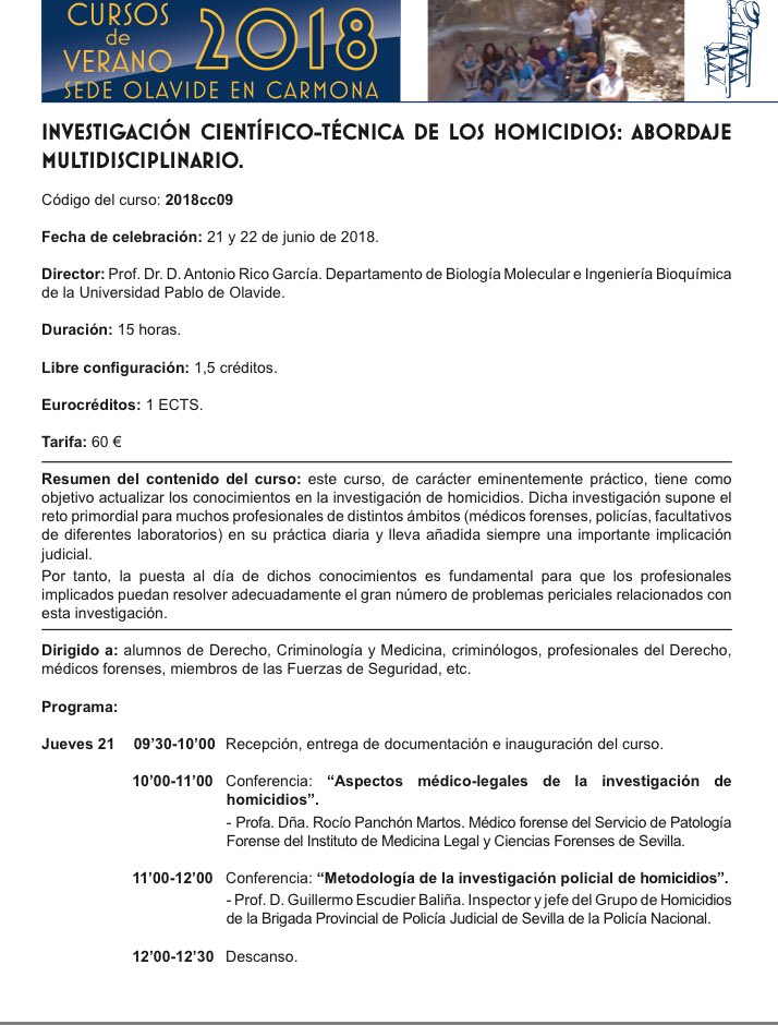 spl_ugt's tweet image. #Formacion  #PabloOlavide
📍del portal de la ESPA nos llega:👨‍🎓👩‍🎓La Universidad Pablo de Olavide (UPO), organiza el curso Investigación científico-técnica de los homicidios: Abordaje multidisciplinario, que se impartirá en Carmona (Sevilla), los días 21 y 22 de junio