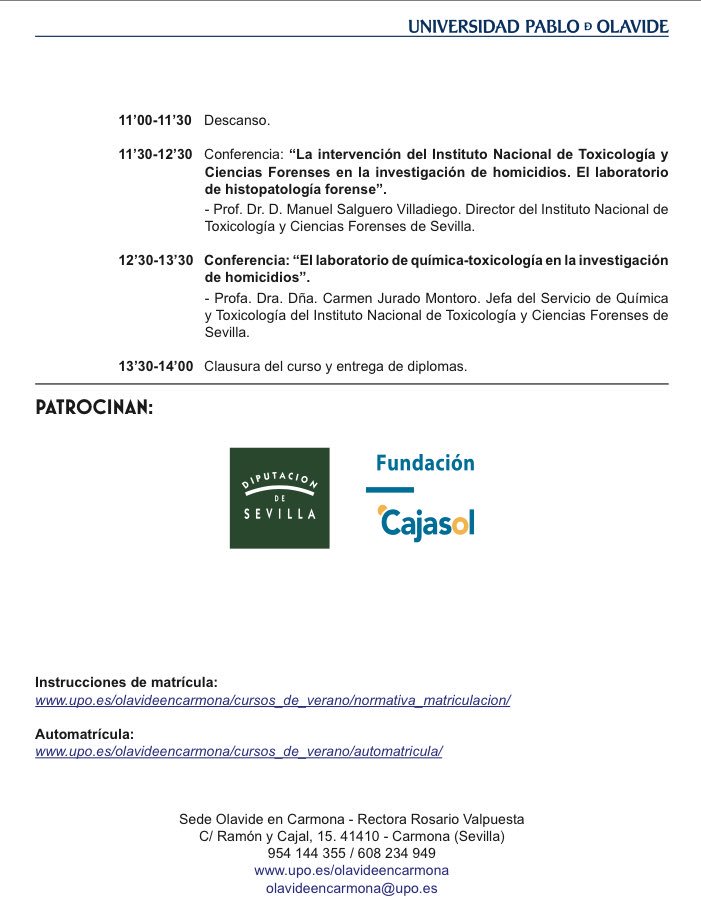 spl_ugt's tweet image. #Formacion  #PabloOlavide
📍del portal de la ESPA nos llega:👨‍🎓👩‍🎓La Universidad Pablo de Olavide (UPO), organiza el curso Investigación científico-técnica de los homicidios: Abordaje multidisciplinario, que se impartirá en Carmona (Sevilla), los días 21 y 22 de junio