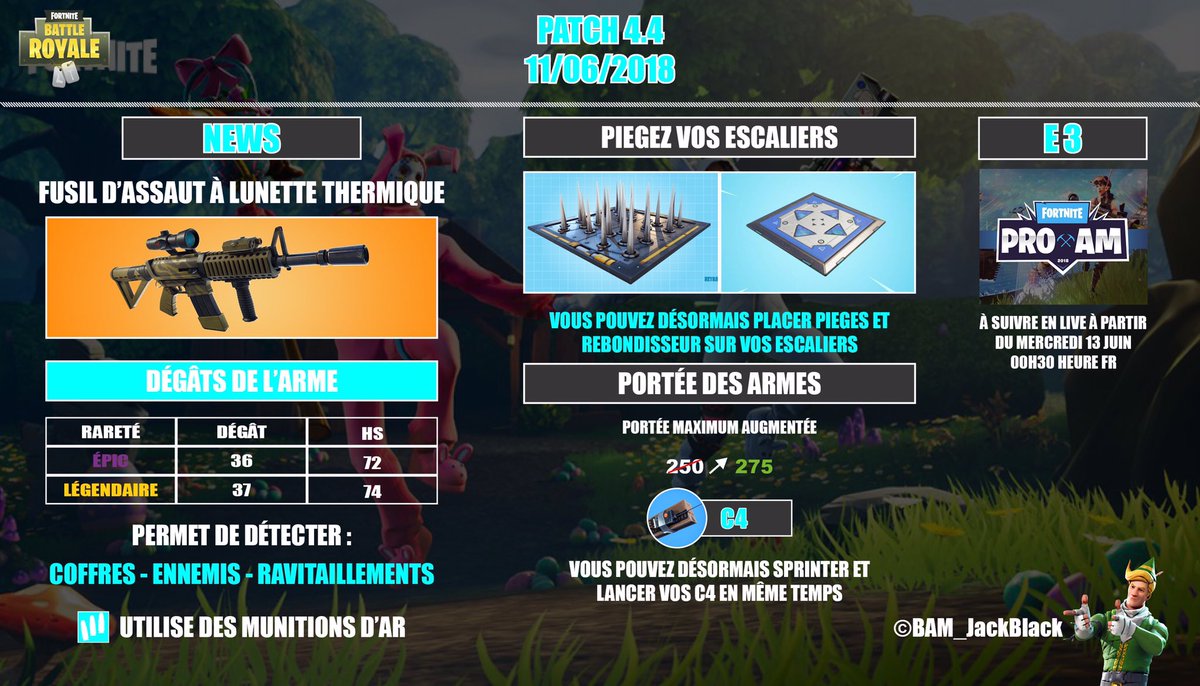 Jer0me_6's tweet image. [ patch 4.4 ]
La mise à jour du patch vient juste de se terminer et voici le visuel qui la résume.
Concernant les dégâts en HS de la nouvelle arme, c&apos;est une estimation, n&apos;hésitez pas à me confirmer une fois que vous avez testé ;)
@Nems_Mt @Sly_Yoshi @WarLegendnet @Fortnitesport