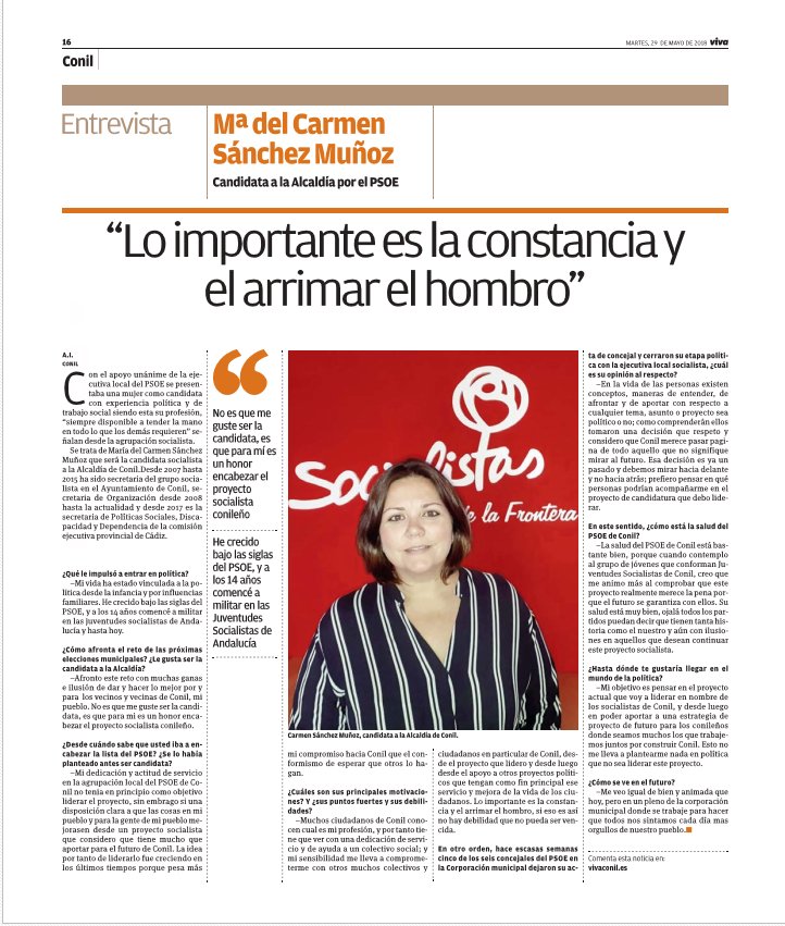 psoeconil's tweet photo. Entrevista de nuestra candidata a la alcaldía, @carmen_sm81  #PsoeConil #Conil #InfoPsoe https://t.co/fbDaB4KVfI