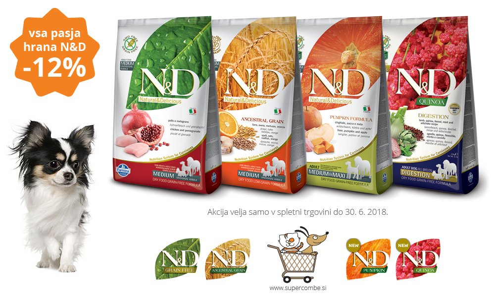 SuperCombe's tweet photo. Ponudbo za kužke 🐶 smo v spletni trgovini razširili na celoten asortiman N&amp;D.
Na voljo so linije Grain Free, Low Grain, Pumpkin in Quinoa, za dobrodošlico pa smo vsem izdelkom ceno znižali za 12 %. Ponudba traja do konca meseca: https://t.co/s23VWkjNr9 
#supercombe #n&amp;d #farmina https://t.co/RupcD8tUmP