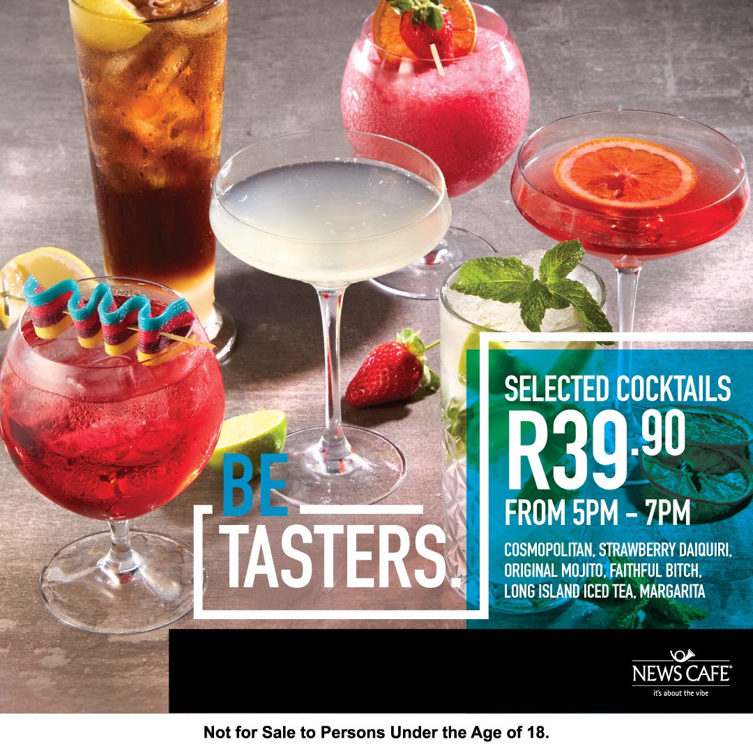 NewsCafe_EL's tweet photo. Rush Hour!!!! Get selected cocktails at R39.90 5pm - 7pm Daily!
#NewsCafeEastLondon #BeTasters #BeSassy #BeDelicious #BeTheVibe https://t.co/HrYYtgc2qi