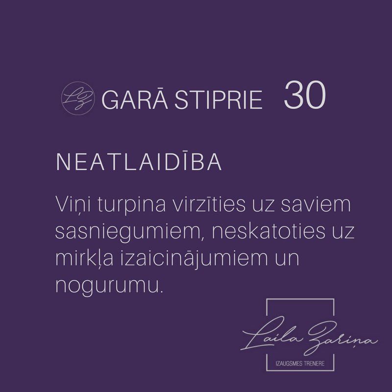 NEATLAIDĪBA. 
Turpini virzīties uz saviem sasniegumiem, neskatoties uz mirkļa izaicinājumiem un nogurumu.
Neatlaidība rīcībā dara cilvēku spēcīgāku un spējīgāku paveikt ko lielāku.
