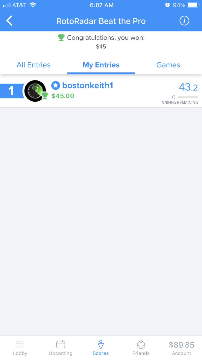 bostonkeith1's tweet photo. Want to thank @canofcorn82 for running the beat the pro tournament. Not a high scoring affair but I’ll take it. Can’t wait for next week. #rrbtp #RotoRadarMLB #GoodSkill https://t.co/308lndHjhy