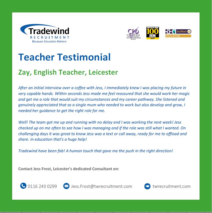 Lovely #testimonial from my #Leicester #Teacher :) #lovemyjob #tradewindrecruitment #ourpeoplemattermost #supplyteaching #teaching #jobs