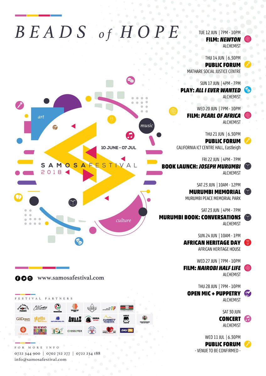 TISAKenya's tweet photo. @SamosaFestival officially starts tomorrow with a film NEWTON at The Alchemist from 7pm-10pm.
We will have a #PublicForum at Mathare Social justice Centre on 14th Jun at 6.30pm on The #Handshake and it's after-effects.
#BeadsofHope
#SamosaFestival https://t.co/SZIdI7p2fj