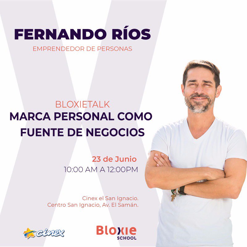 Quieres potenciar tu #MarcaPersonal como fuente de negocio? y aún no sabes como. Pues te ofrecemos esta #BloxieTalk junto  a nuestro Experto <a href="/FernandoRiosD/">Fernando Ríos</a> de la mano de nuestros aliados <a href="/CinexVe/">Cinex</a> #PersonalBranding #BloxieSchool
