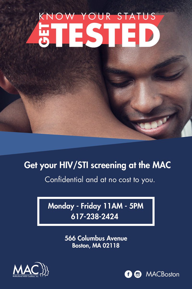 MACinBoston's tweet photo. Get your HIV/STI screening Monday-Friday 11am-5pm (Friday Appointments Only). Confidential and at no cost to you! #knowyourstatus #connectedboston #macboston #gettested https://t.co/afYcki0pXI