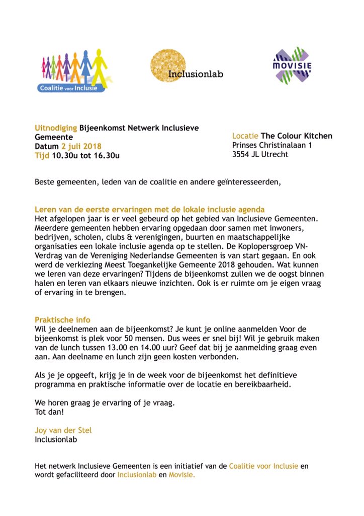 #inclusie hoe dan? Door kennis te delen en dat van elkaar om dan samen tot voelbare &amp; zichtbare acties te komen kom je ook? #Utrecht  Uitnodiging 2 juli Aanmelding
Je kunt je online aanmelden op de volgende link: htwww.movisie.nl/aanmelden-tps:… <a href="/Movisie/">Movisie</a> <a href="/coalitie/">Jets Klets</a> <a href="/InclusionlabNL/">Inclusionlab</a>