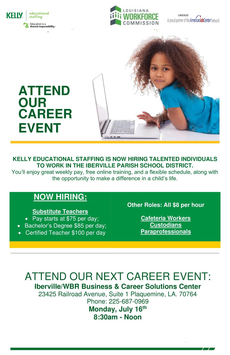 Lwc On Twitter Iberville Parish Schools Are Seeking Substitute Teachers Cafeteria Workers Custodians And Paraprofessionals Visit The Kelly Educational Staffing And Iberville West Baton Rouge Ajc Hiring Event July 16 From 8 30 Noon Call