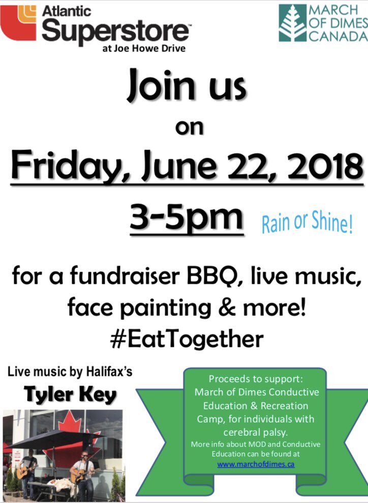 JoeHowe379's tweet photo. June 22 is going to be fun! We will be raising money for March of Dimes @modcanada and their Conductive Education and Recreation camp. Come on out to Joe Howe Superstore between 3-5pm and let's #EatTogether. #JoeHowe379 #RASS379 #EatTogetherDay #CommunityBBQ https://t.co/rCIlVPWKAY