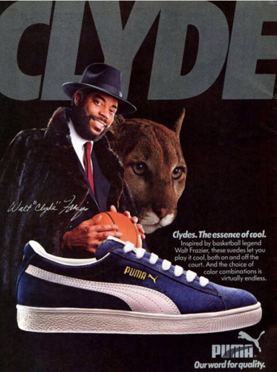 darrenrovell's tweet photo. The worst kept secret: Puma is back in basketball. Company signing their first endorser Walt Clyde Frazier to a lifetime deal. Releasing 73 limited editions pairs at place on Flatbush Avenue in Brooklyn today. New handle is @PUMAHoops. https://t.co/fmbgi5B0M0