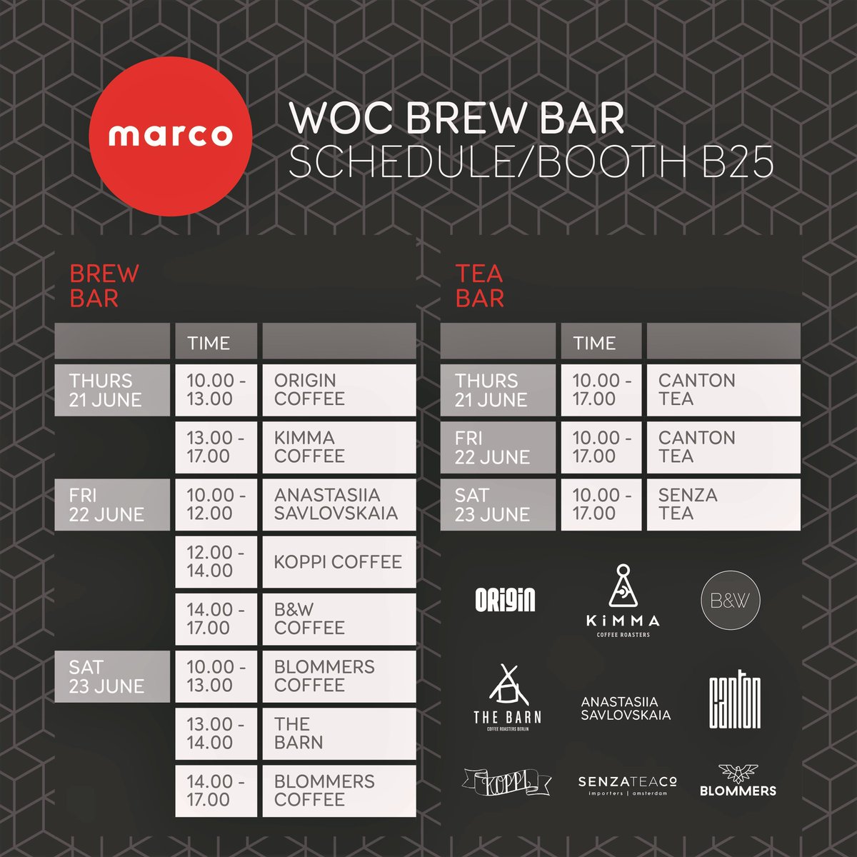 marcobevsystems's tweet photo. We have a serious line up of #coffeeroasters and premium #tea brewers at @SpecialtyCoffee #WOCAmsterdam this week - it's going to be a good one!  

Find us at booth B25.

#SpecialityCoffeeAssociation https://t.co/rLz1z5tBVj