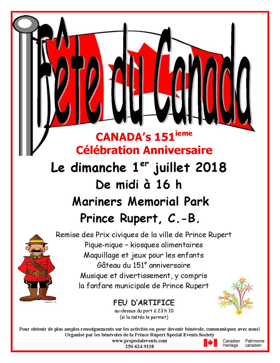 The countdown to Prince Rupert's Canada Day festival is on! Gather in Mariners Memorial Park at noon on Sunday, July 1st to observe the nation's 151 years of history with children's games, food and music. #princerupert #princerupertspecialevents #ocanada