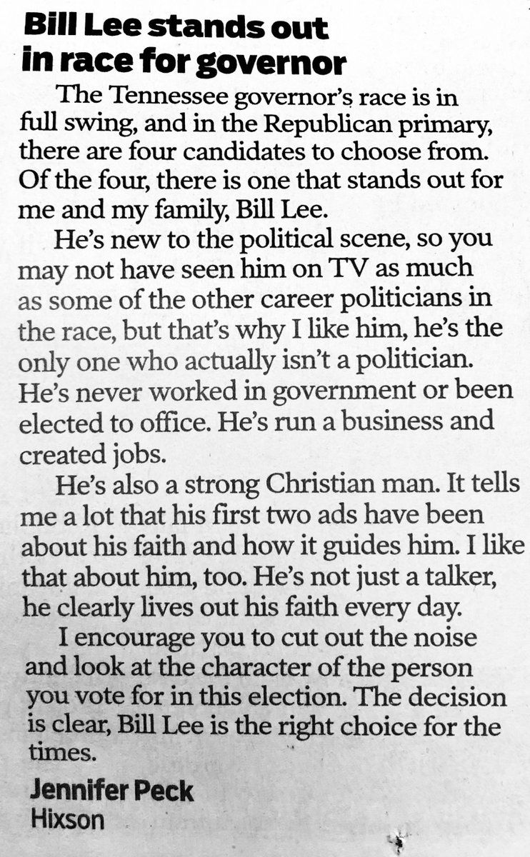 BillLeeTN's tweet image. It was a pleasant surprise to have this pop up in the @TimesFreePress. Thanks Jennifer! Glad to have your support. If you’d like to join her, visit billlee.com/volunteer.