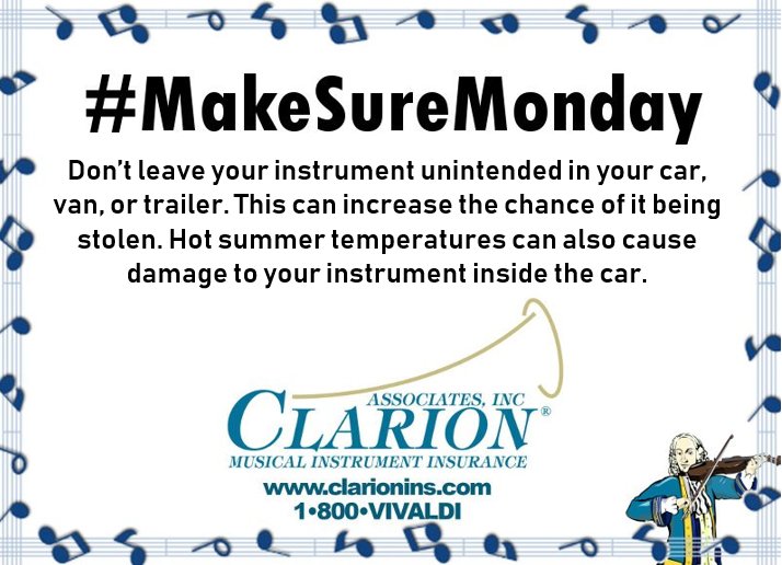ClarionIns's tweet photo. Be careful traveling with all of your instruments! Not just the fragile ones! #MakeSureMonday #ClarionAssociates #MusicalInstrumentInsurance #ClaimPrevention #Insurance #InsuranceClaim #Protection #Music #Traveling #Theft #Car #Van #Trailer #Summer https://t.co/P2H7MdR3Zw