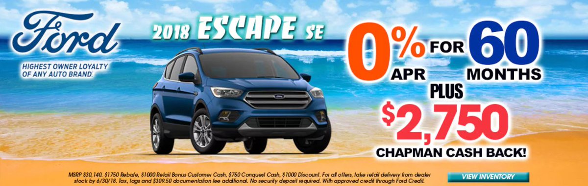 ChapmanAutoEHT's tweet photo. Get an all new 2018 @Ford Escape SE at 0% for 60 months PLUS $2,750 Chapman Cash Back!

View our Escape inventory here: https://t.co/bfu9I7EiKU https://t.co/cdSAUyo5TO