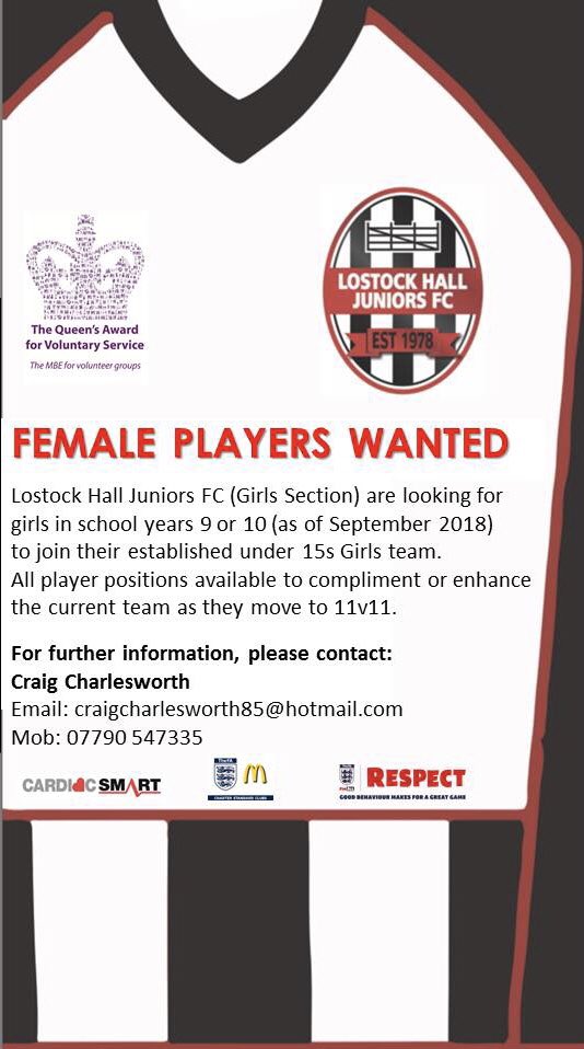 Lostock_HallJFC's tweet photo. More opportunities for girls to join our club...
#LHJFC #MBE https://t.co/WdBjZa0u9V