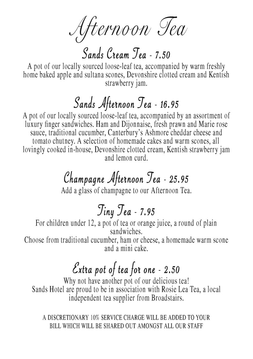 AFTERNOON TEA UPDATE:
Sands traditional Afternoon Tea is now served daily between 1pm - 5pm at our beautiful Bay Restaurant...
Please note; bookings must be made 24 hours in advance.

#NEWTIMES #AFTERNOON #TEA #SANDS #MARGATE #SCONE #TRADITIONAL