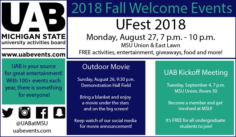 UABatMSU's tweet photo. {RETWEET CONTEST} Check out some of the details for our Fall Welcome that are already underway! Retweet this between now and 1 p.m. tomorrow and get a chance to win and PICK UP FROM OUR OFFICE a FANTASTIC snack box compiled of 53 fabulous goodies! https://t.co/qC383xS5fc