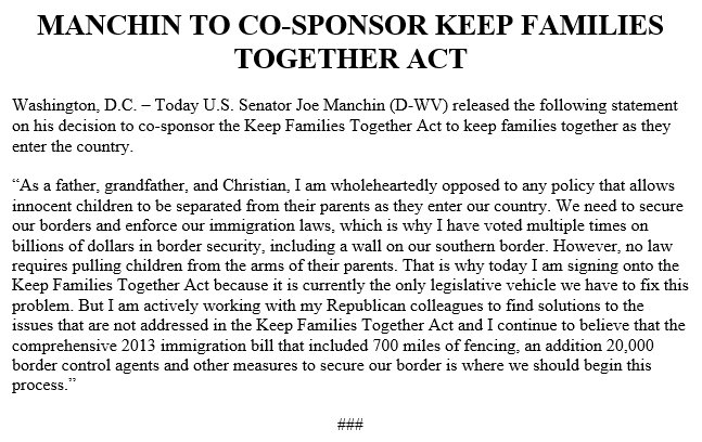 Sen_JoeManchin's tweet photo. I'm wholeheartedly opposed to any policy that allows innocent children to be separated from their parents. I'm signing onto the Keep Families Together Act but I'm actively working with my Republican colleagues to find solutions to the issues that aren't addressed in the bill. https://t.co/h5N1garNXx