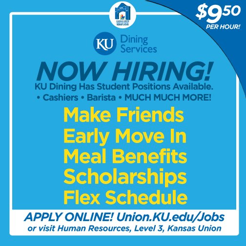 KUdining's tweet photo. Our minimum wage has increased to $9.50/hour for all part-time employees! Find a job now in a KU Dining location for next semester! We're hiring at almost all residential and retail locations!

Find all openings and apply online here: https://t.co/VLwRVno1zl https://t.co/7Os15RutKi