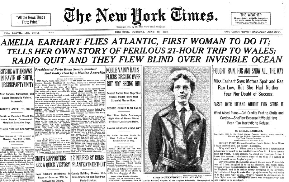 "When one is offered such a tremendous adventure it would be too inartistic to refuse it," Amelia Earhart told The Times after she became the first woman to fly across the Atlantic Ocean, on this day in 1928. nyti.ms/2ybliFp