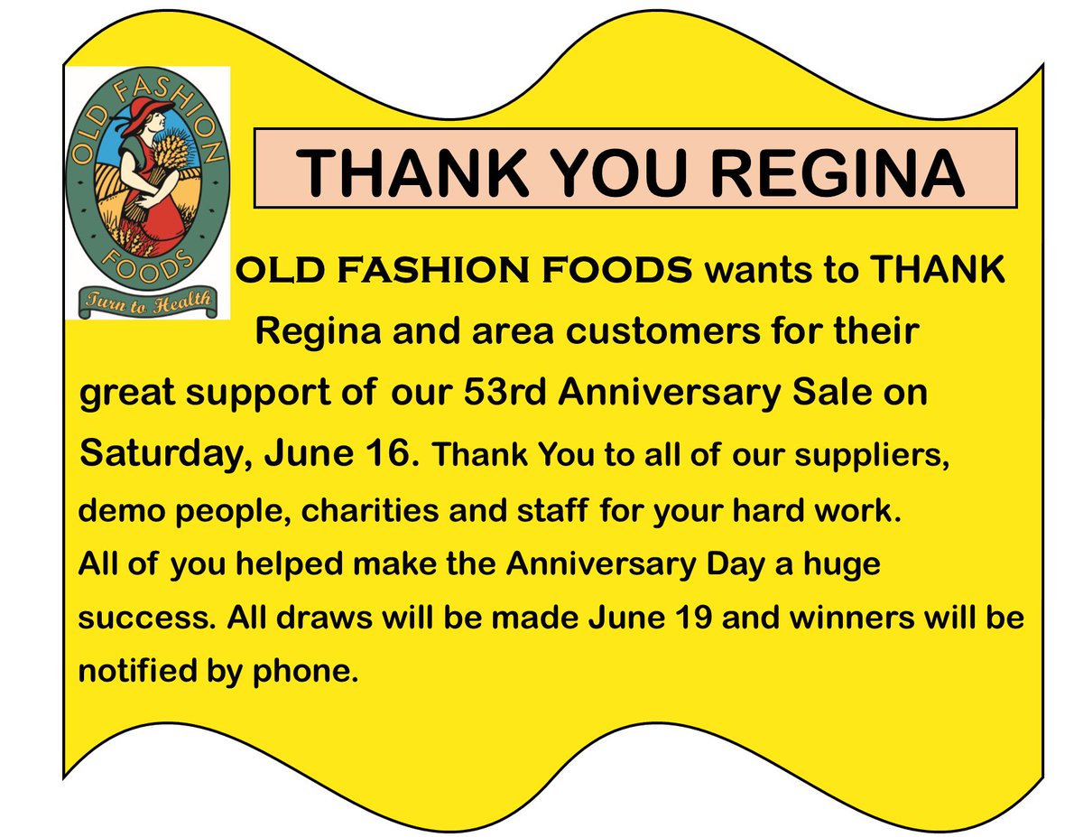 OLDFASHIONFOODS's tweet image. Thank You Regina and area!