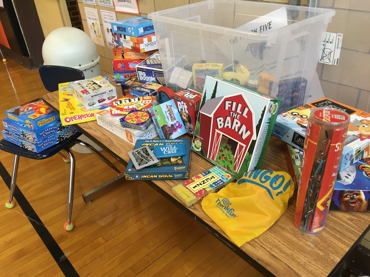 Dizzwando's tweet photo. Too hot for outdoor recess today? Board game club is jumpin! Lots of games played including those by ⁦@HoopCATGames⁩ and ⁦@Buttonshy⁩ https://t.co/Suq2sE8zeQ