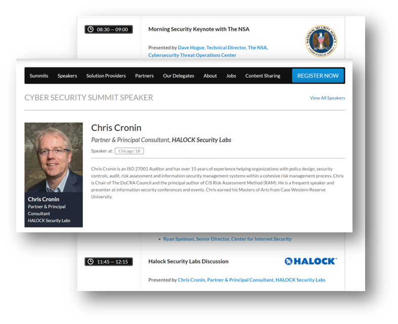 halock's tweet photo. Join us at the Cyber Security Summit: Chicago on August 29. HALOCK partner, Chris Cronin will be speaking on acceptable risk levels in cyber security. #DoCRA #cybersecurity #cyber #infosec https://t.co/zERxLpURim https://t.co/zNyu1VDO7i