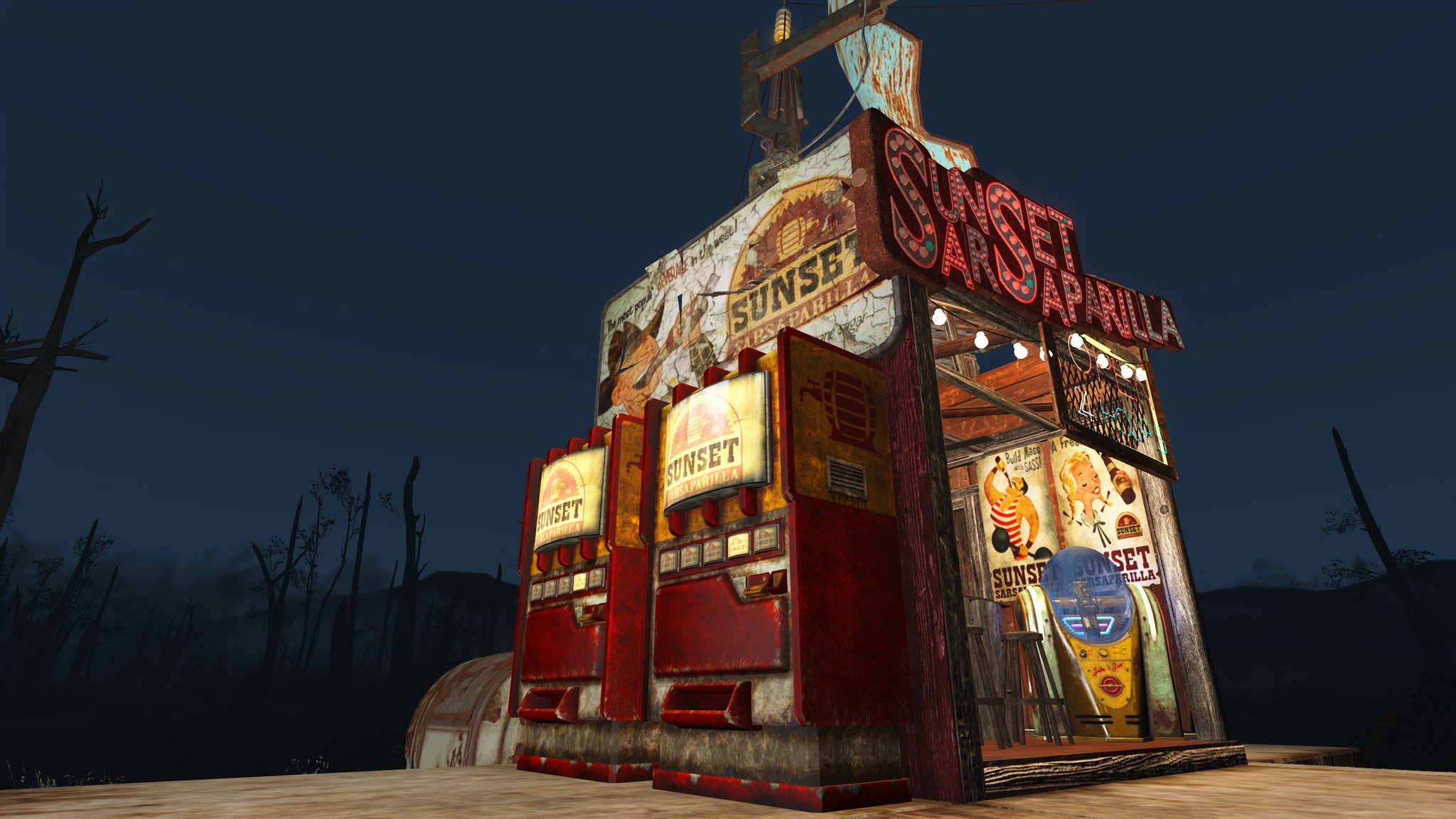 汞少 Fallout4 キューブハウスチャレンジ サンセット サルサパリラとウェイストランド オムレツが楽しめる酒場 密z自家製の酔っぱらえる飲み物やコーヒーらしき飲み物も出してくれる ラジオを直してあげるとお小遣いが貰える かもしれない T