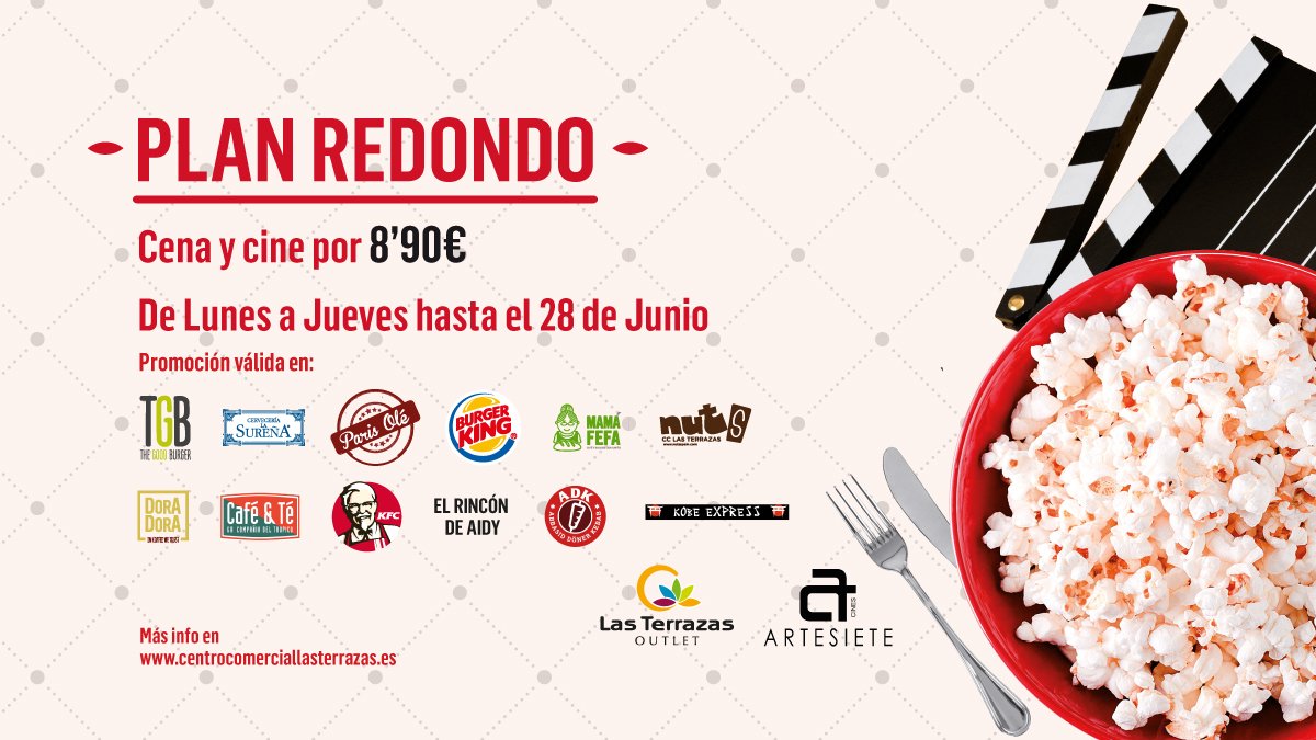 LasTerrazasCC's tweet photo. ¿Empezamos la semana con un #PlanRedondo? 🍔🍟🎬 ¡#Cine + #cena por tan solo 8'90€ en #CCLasTerrazas! ¿Te vienes? 😉 Fecha límite: 28 de junio. Más info: https://t.co/BQnYzWz7S9 #Telde #centrocomercial #películas https://t.co/JE5wUnlMa2