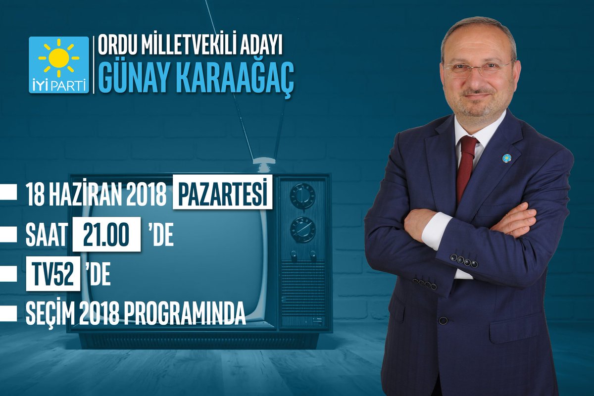 Milletvekili Adayımız Günay KARAAĞAÇ bugün saat 21.00'de TV52'de Seçim 2018 programının Canlı Yayın konuğu olacaktır.

İzleyiniz... #YüzünüGüneşeDönOrdu #YüzünüGüneşeDönTürkiye