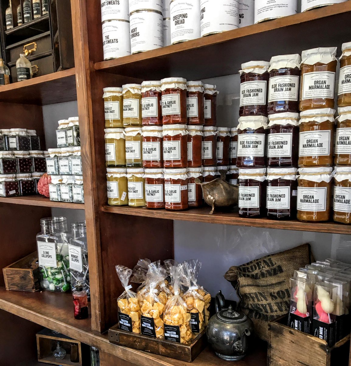 CarolineLawrenc's tweet photo. Plenty of ideas for stories at Hoxton Street Monster Supplies! Just as well The #MinistryOfStories is located behind the shelves! To find out more, go here: https://t.co/khZeGmPlEL #SlimeLollipops #OrganMarmalade #BrainJam #InvisibleCat #MonsterHelpline 🤪 https://t.co/oPIkpa2Zxn