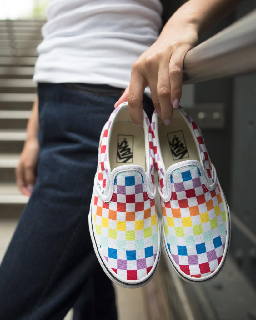 checkerboard slip on rainbow vans