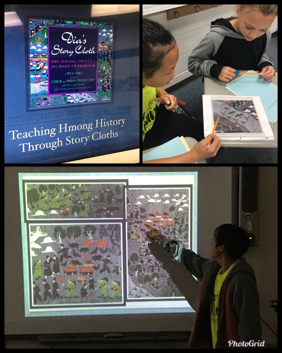 ELLTeacherDCEMS's tweet photo. Day 1 of #HmongHistoryAndCulture  class was a success! Students analyzed a story cloth to learn more about Hmong history. #TimeToShineSummerLearning #EverestPride https://t.co/W1MZuqhEEl