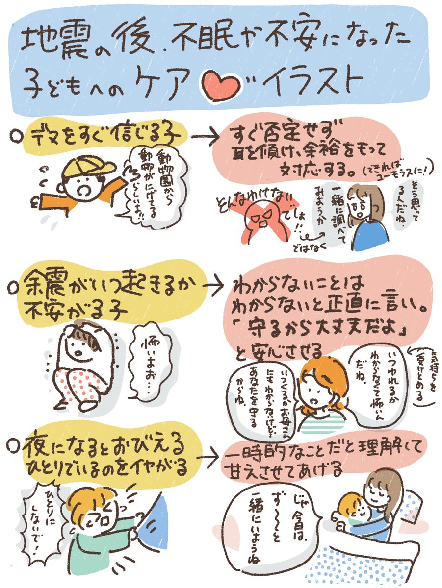 【大地震の後、不眠や不安になったら 子どもにケアを】
についての、朝日新聞DIGITALさんの記事をビジュアル化しました。

あくまで参考ですが、何かお役に立ちますように…。

?記事はこちら。… 