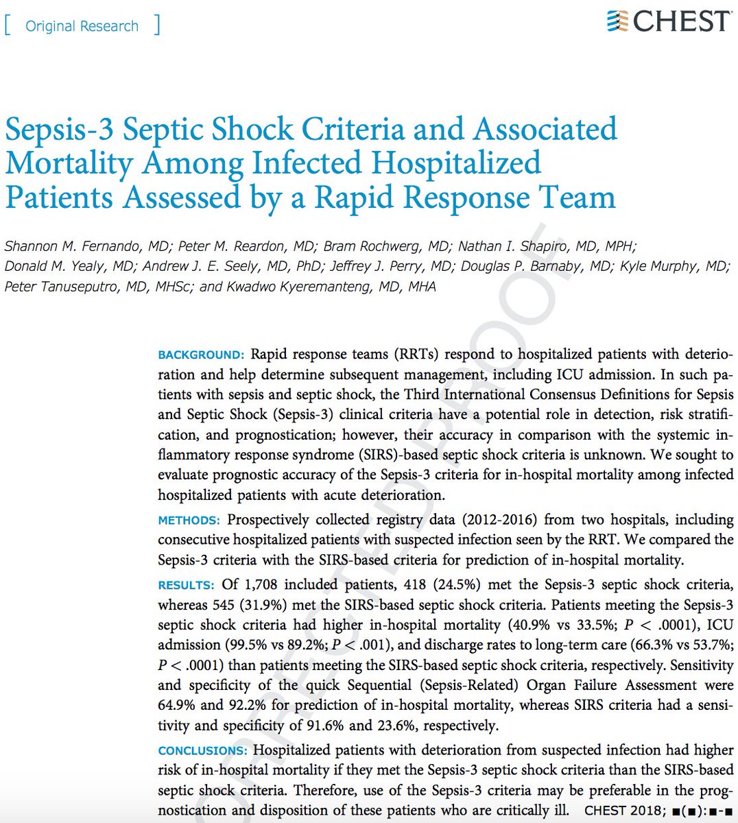 In our new <a href="/accpchest/">CHEST</a> paper, we found that the Sepsis-3 septic shock criteria confer greater risk of mortality in infected Rapid Response/RACE patients than the traditional #SIRS-based septic shock criteria.

journal.chestnet.org/article/S0012-…

CHEST Press release: hubs.ly/H0cFjgl0