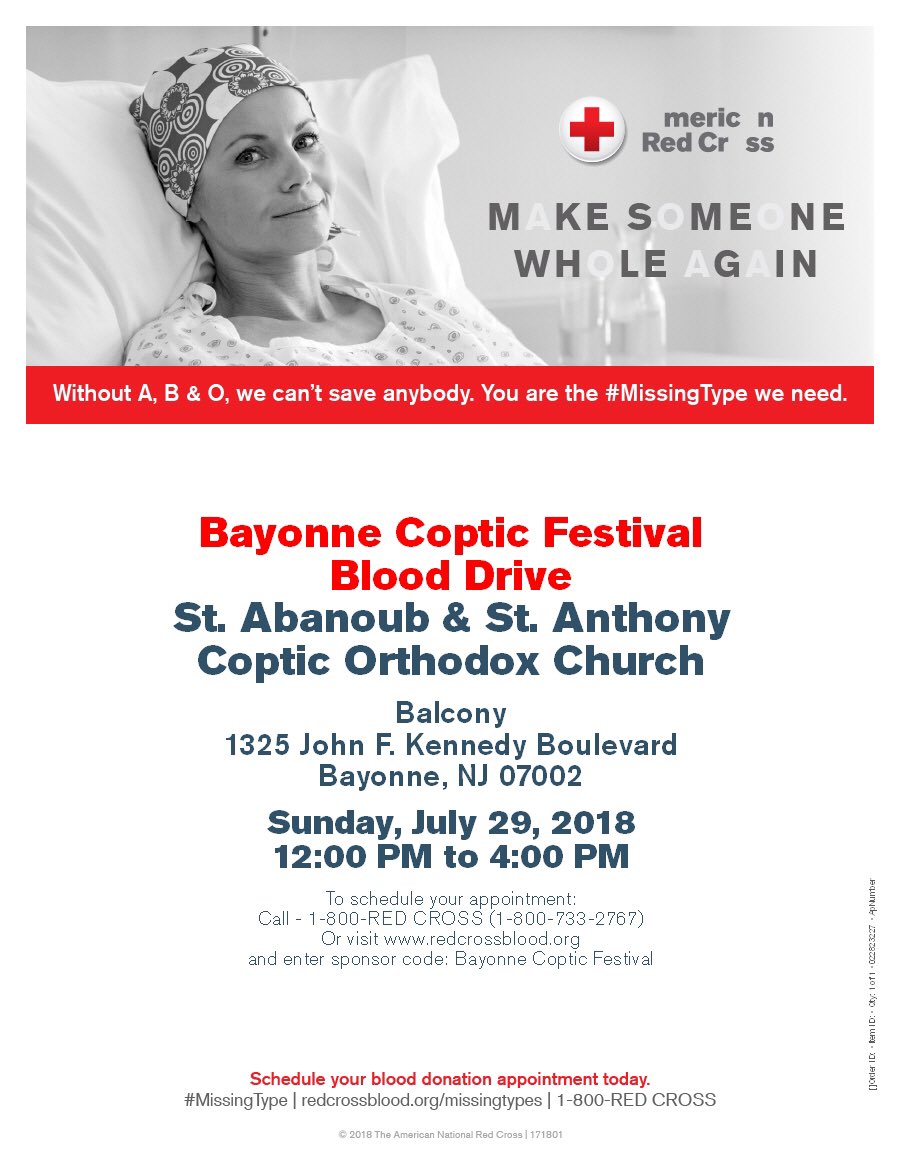 StAbanoub63's tweet photo. Donating blood saves lives! That’s why at BCF 2018 we’re teaming up with American Red Cross to host our very own blood drive! Click here to register now: https://t.co/nmQOryN2BB #BayonneCopticFestival #BCF #BCF2018 #Bayonne #NewJersey #SeekTheJoy #Festival #Food #Rides #Blood https://t.co/QsvzADwmcm