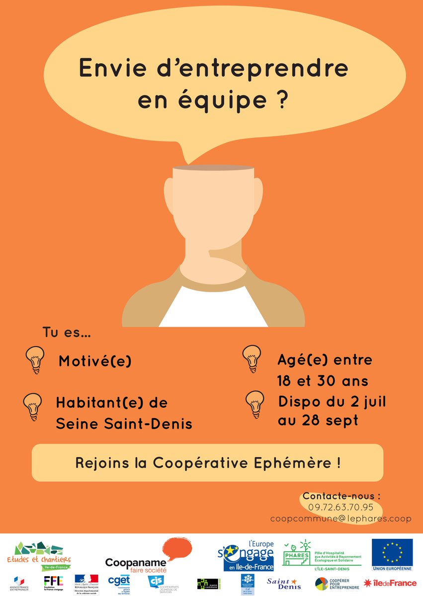 [#jeunesse]
Vous aimez travailler en équipe ? Rejoignez la #coopérative éphémère pour les 18-30 ans. Du 2 juillet au 28 septembre, initiez-vous à la gestion coopérative d'une structure... pour un jour créer la vôtre ! Plus d'infos à l'adresse mail coopcommune@lephares.coop