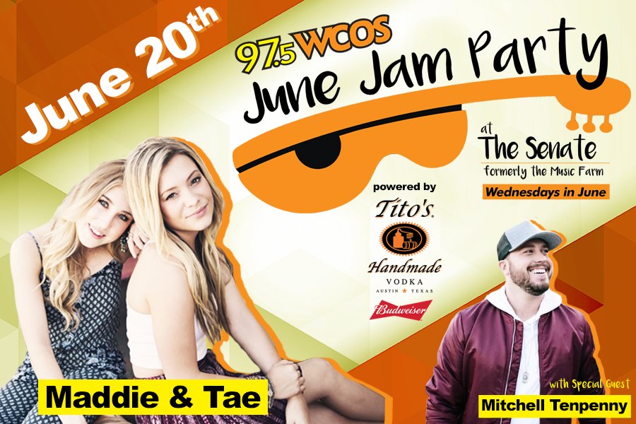 975WCOS's tweet photo. We are back this Wednesday with another #JuneJamParty at @TheSenateCola powered by @TitosVodka. This week is featuring @MaddieandTae with special guest @m10penny. GET TICKETS: https://t.co/deKr9h08Or https://t.co/iG6vfXiCQT