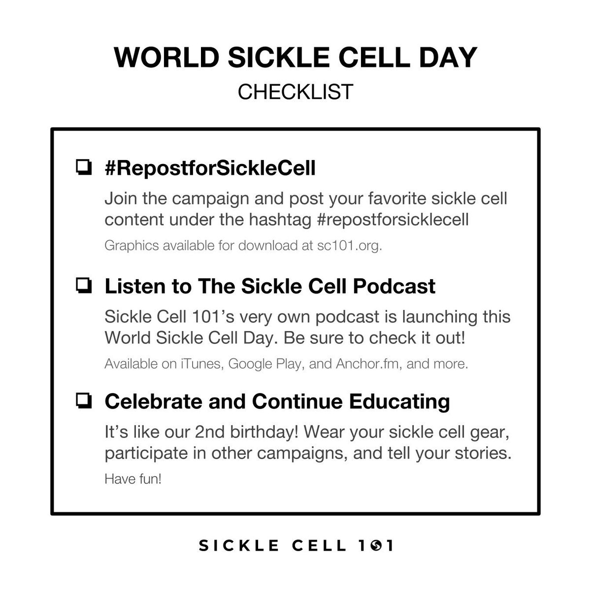 sicklecell101's tweet photo. A checklist to keep you active on World #SickleCell Day.

#RepostForSickleCell is to raise awareness. Post or repost your fave sickle cell related content on your under hashtag. You can download posts for WSCD at https://t.co/m2APIJZBFn

Also, listen to The Sickle Cell Podcast. https://t.co/kBicCvVjTA