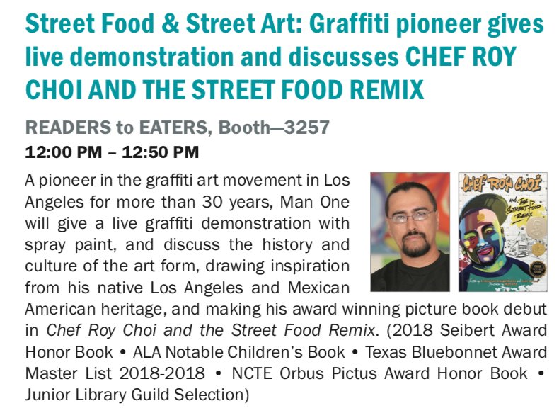 ReadersToEaters's tweet photo. @ALALibrary #ALAAC18 this wk! Thrilld #ChefRoyChoiAndTheStreetFoodRemix will receive #SeibertAwardHonor. Meet @JacBriggsMartin @junejolee @ManOneArt. See their #kimchi & live #graffiti demos. Info@ https://t.co/HQRYFy3QCC #FoodLiteracy #FoodCulture #ImmigrantStory #DiverseBooks https://t.co/mvK6rmvec3