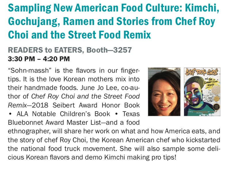 ReadersToEaters's tweet photo. @ALALibrary #ALAAC18 this wk! Thrilld #ChefRoyChoiAndTheStreetFoodRemix will receive #SeibertAwardHonor. Meet @JacBriggsMartin @junejolee @ManOneArt. See their #kimchi & live #graffiti demos. Info@ https://t.co/HQRYFy3QCC #FoodLiteracy #FoodCulture #ImmigrantStory #DiverseBooks https://t.co/mvK6rmvec3