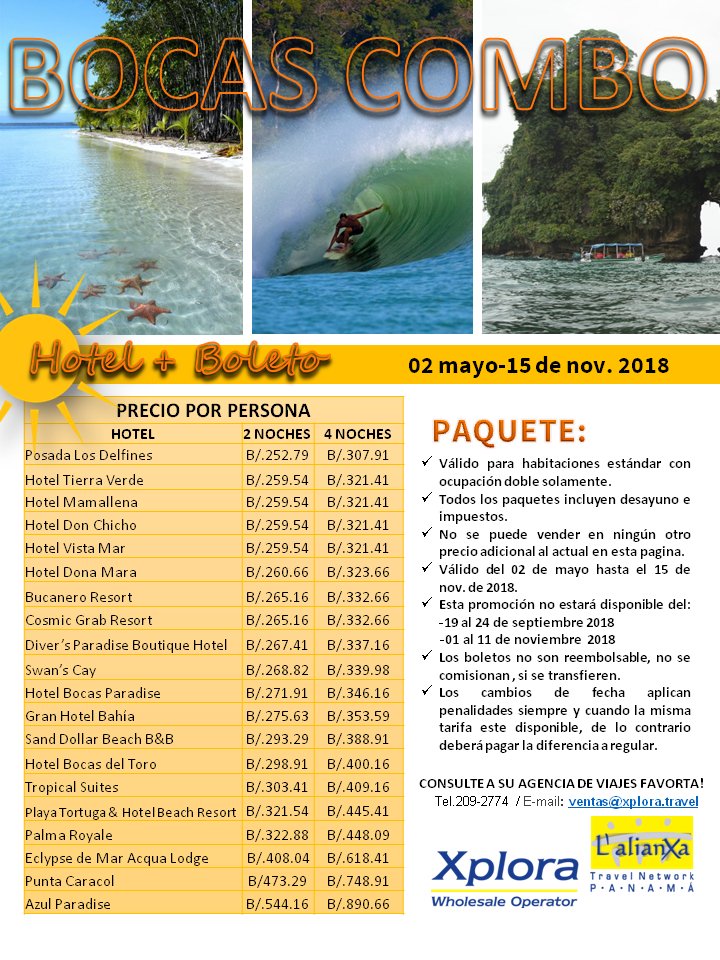 Bocas del Toro- La Joya Caribeña de Panamá- solicita tu Bocas Combo ✈️ Tel. 209-2774 Correo: ventas@xplora.travel